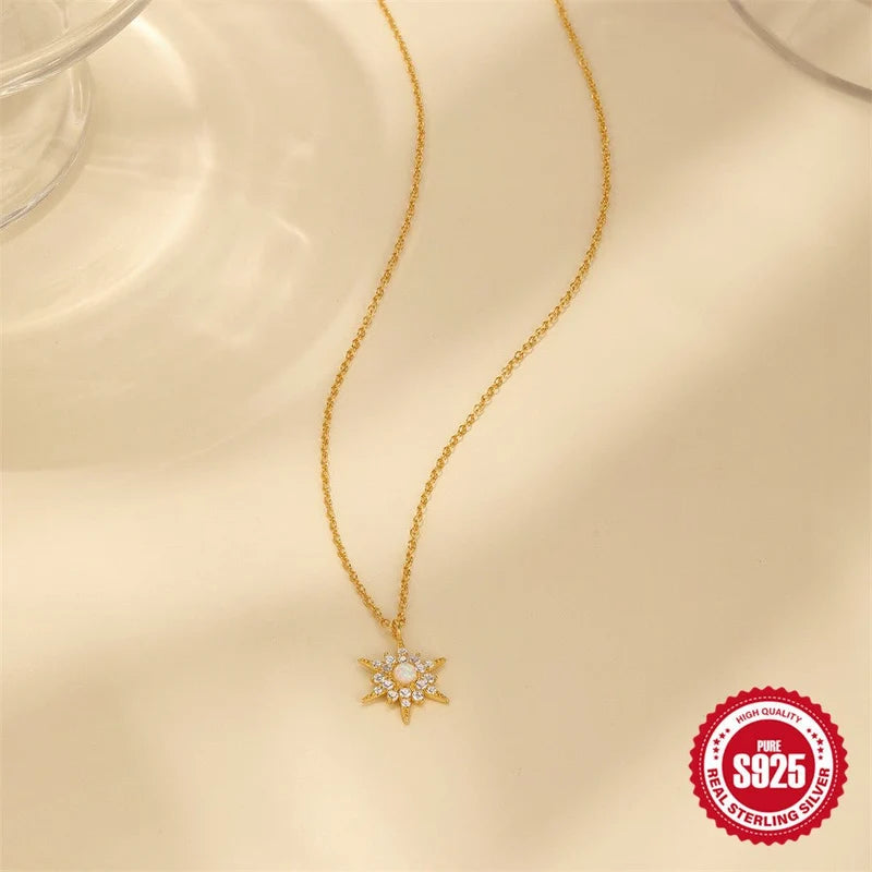 S925 Sterling Silver Diamond-Encrusted Opal Sunflower Clavicle Necklace