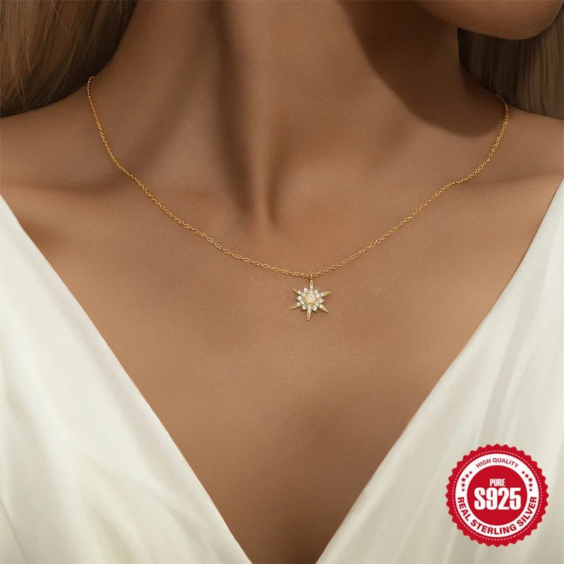 S925 Sterling Silver Diamond-Encrusted Opal Sunflower Clavicle Necklace